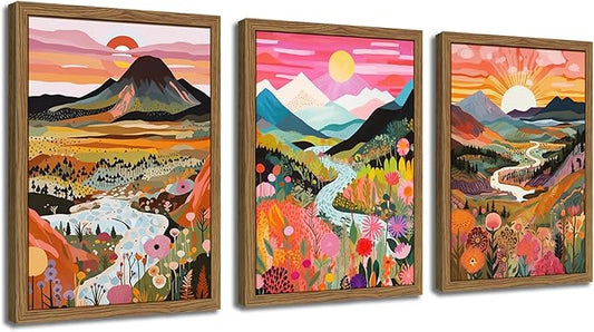 Wood Framed Boho Colorful Landscape Canvas Wall Art Set of 3 - Abstract Mountain Wall Decor Paintings, Nature Floral Poster Prints Aesthetic Home Decor for Living Room Bathroom Bedroom 16x24 inch