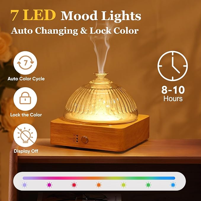 Glass Essential Oil Diffuser with Glass Reservoir & Wood Base, 200ml Ultrasonic Lock Color Timer Auto-Off 7 Color Light Aroma Glass Dome Diffuser for Home Office Bedroom Yoga