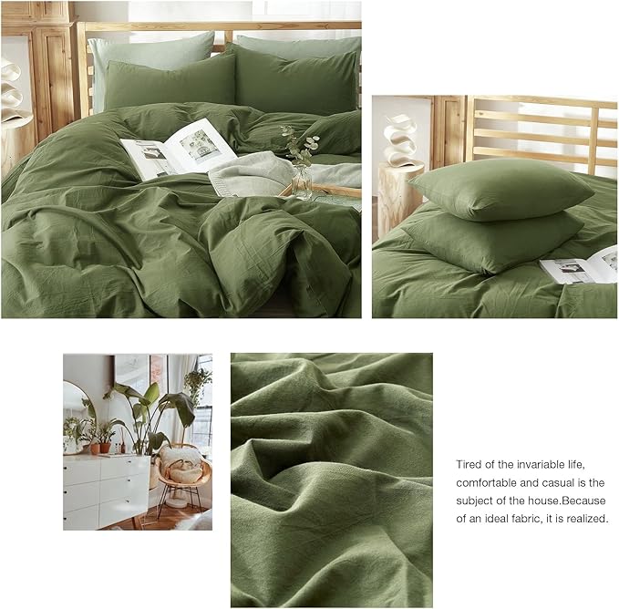 AMWAN Army Green Duvet Cover Soft Washed Cotton Bedding Sets 3 Piece Olive Green 1 Duvet Cover with 2 Pillowcases Simple Style Comforter Cover Cotton Bedding Sets, Full(80''x90'')
