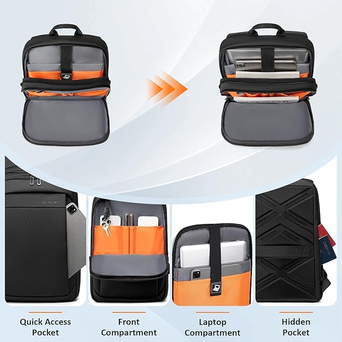 FENRUIEN Slim Laptop Backpack for Men, Water Resistant Light Weight Backpack with USB Charging Port, Black Laptop Bag 15.6 Inch