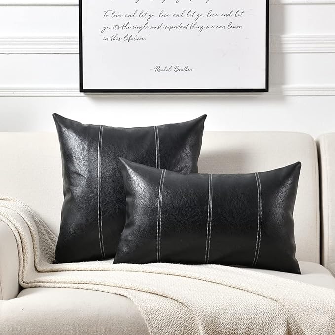 Fancy Homi 2 Packs Black Long Lumbar Faux Leather Decorative Throw Pillow Covers 14x24 Inch for Living Room Couch Bed Sofa, Boho Farmhouse Home Decor, Hand Stitched Rectangle Cushion Case 35x60 cm