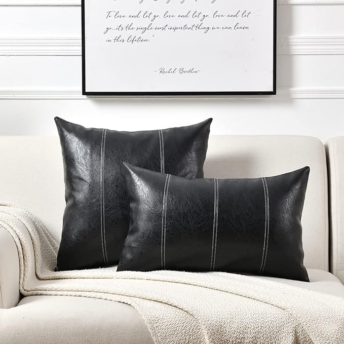 Fancy Homi 2 Packs Black Lumbar Faux Leather Decorative Throw Pillow Covers 12x20 Inch for Living Room Couch Bed Sofa, Boho Farmhouse Home Decor, Hand Stitched Rectangle Cushion Case 30x50 cm