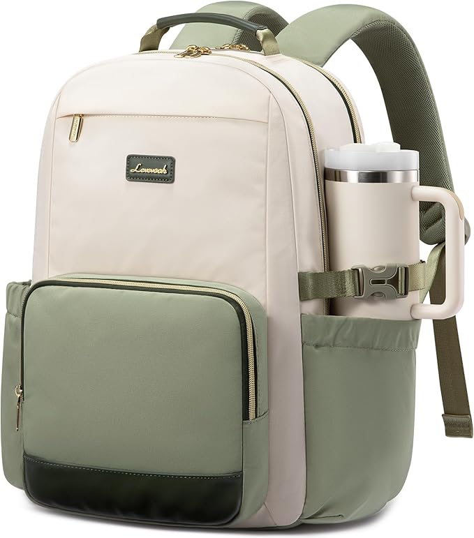 LOVEVOOK Laptop Backpack for Women with Pouch Pocket for Large Capacity Cup,18 Inch Laptop Computer Bag Travel Backpack Purse,Waterproof Work College Teacher Bags,White-Bean Green-Dark Olive Green