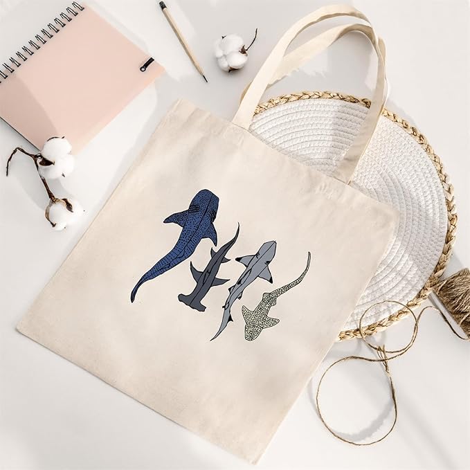 Shark Tote Bag Ocean Animal Canvas Bag Cute Cotton Canvas Tote Bag for Women Gift Resuable Grocery Bag Shopping Beach Shoulder Bag
