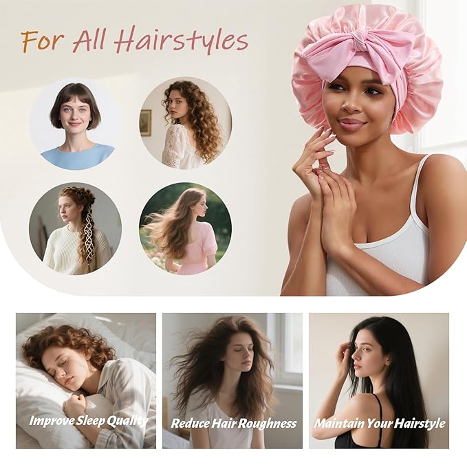 Silk Bonnet for Sleeping Women Satin Hair Cap with Tie Brand Curly Hair Sleep Protection Silk Head Wrap Double Layer - Pink