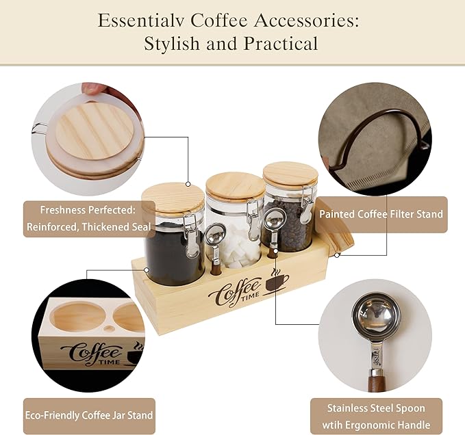 Glass Coffee Canister Set with Shelf & Spoons 3 Piece Coffee Containers for Ground Coffee Coffee Bean Storage Airtight Seal, Coffee Bar Coffee Filter Holder for Kitchen Organization