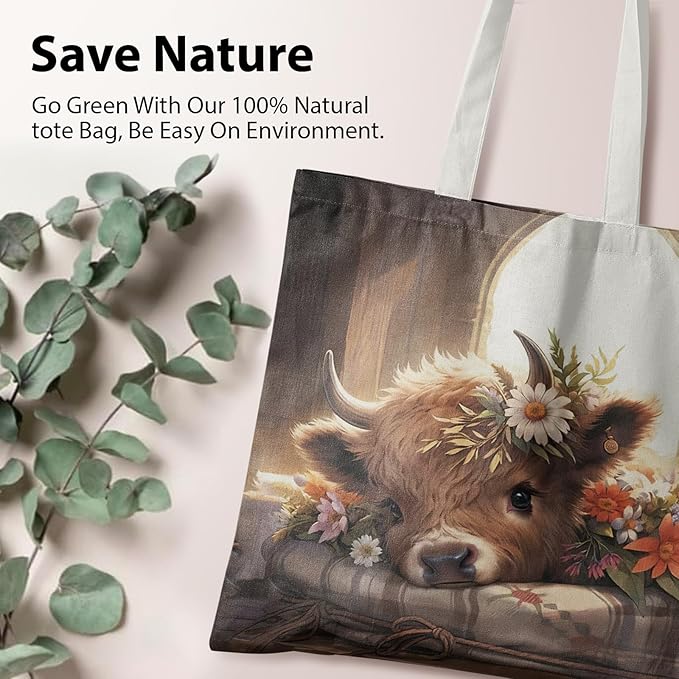 Western Highland Cow Canvas Tote Bag - Highland Cow Lover Gifts,Canvas Shoulder Bag for Women for Girls