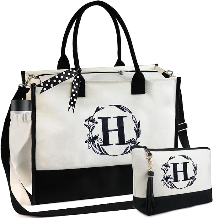 BeeGreen Embroidery Monogram Initial Tote Bag for Women Teacher Mom Friend Personalized Gift for Birthday Beach Work Wedding