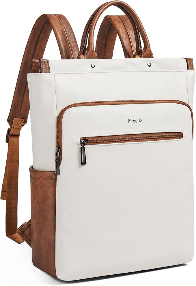 Leather Laptop Backpack for Women, Travel Backpack Purse Fits 15.6 Inch Laptop, Casual Daypack with Laptop Compartment for Teachers College Work Business Nurse Weekender, Beige Brown