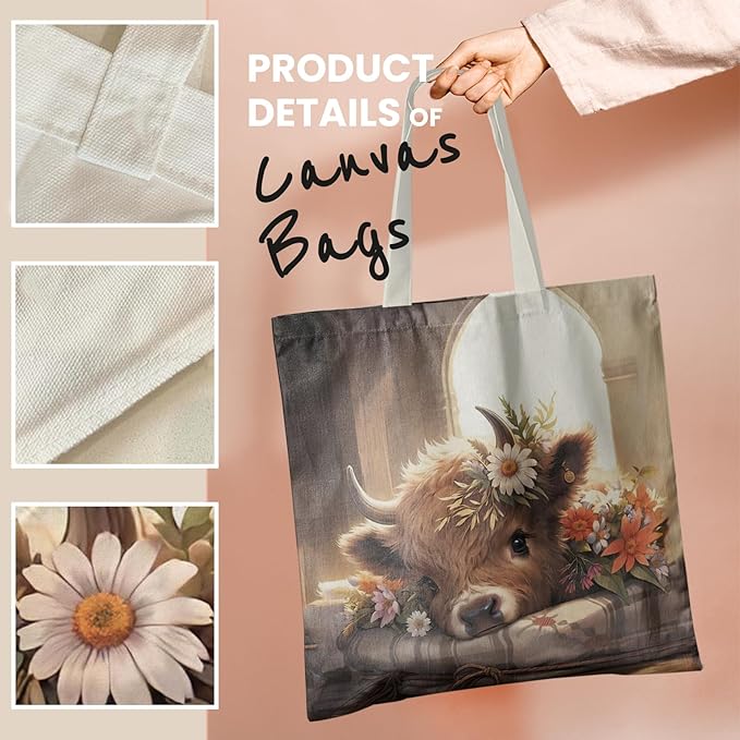 Western Highland Cow Canvas Tote Bag - Highland Cow Lover Gifts,Canvas Shoulder Bag for Women for Girls