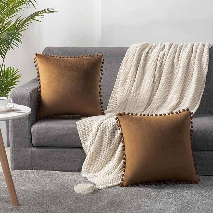 DEZENE Throw Pillow Cases 22x22 Golden Brown: 2 Pack Cozy Soft Pom-poms Velvet Square Decorative Pillow Covers for Farmhouse Home Decor