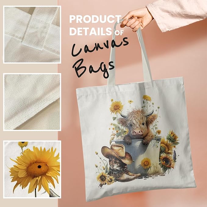 Western Highland Cow Canvas Tote Bag - Highland Cow Lover Gifts,Canvas Shoulder Bag for Women for Girls