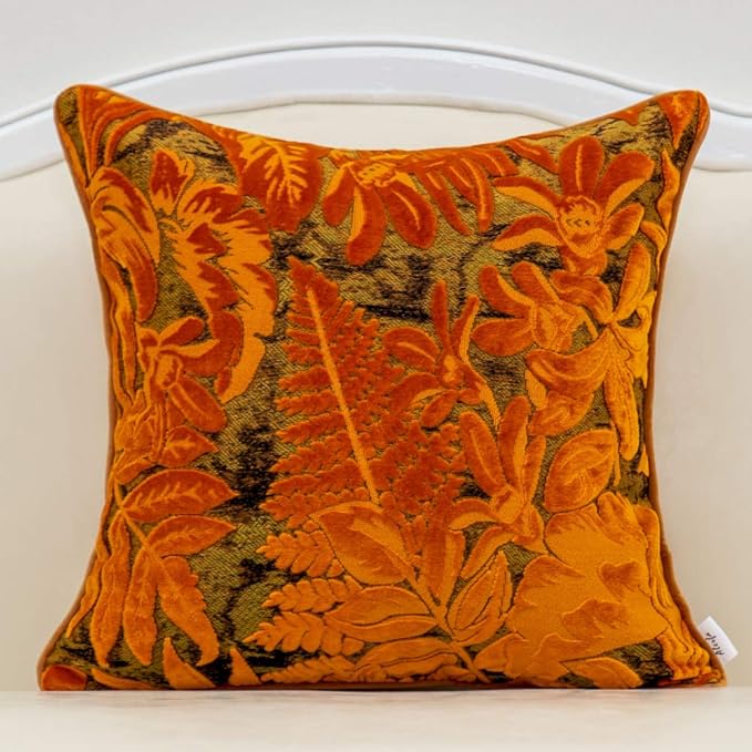 Alerfa 20 x 20 Inch Orange Square Maple Leaf Pillow Embroidery Cut Velvet Cushion Case Luxury Modern Lumbar Throw Pillow Cover Decorative Pillow for Couch Sofa Living Room Bedroom Car