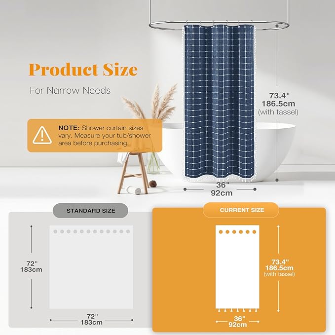 BTTN Boho Shower Stall Curtain - 36x72 Narrow Linen Ultra Thick Tassel Fabric Cloth Shower Curtain Set with 6 Plastic Hooks, Half RV Modern Farmhouse Country Shower Curtains for Bathroom, Navy Blue