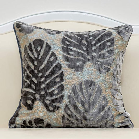 Alerfa 18 x 18 Inch Square Leaf Pillow Embroidery Cut Velvet Cushion Case Luxury Modern Lumbar Throw Pillow Cover Decorative Pillow for Couch Sofa Living Room Bedroom Car, Gray Silver