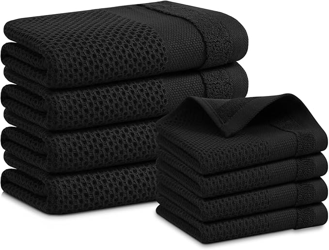 Homaxy Kitchen Towels and Dishcloths Set, 12 x 12 and 13 x 28 Inches, Set of 8 100% Cotton Waffle Weave Kitchen Towels, Super Soft and Absorbent Dish Cloths, Black