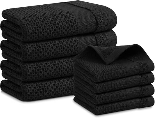 Homaxy Kitchen Towels and Dishcloths Set, 12 x 12 and 13 x 28 Inches, Set of 8 100% Cotton Waffle Weave Kitchen Towels, Super Soft and Absorbent Dish Cloths, Black