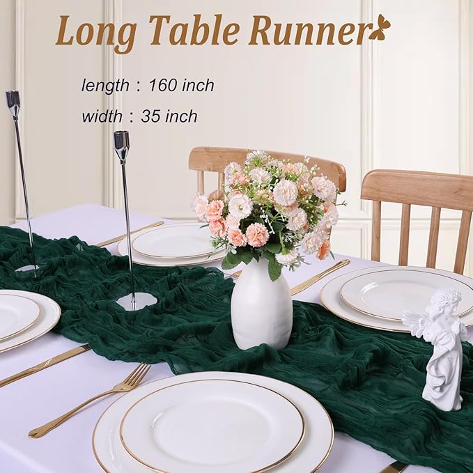 Cheesecloth Table Runner 13.3FT Long Boho Table Runner Vintage Rustic Gauze Wedding Dining Table Decorations for Holiday Birthday Party Baby Shower Event Decorations (Dark Green,35x160 Inch)