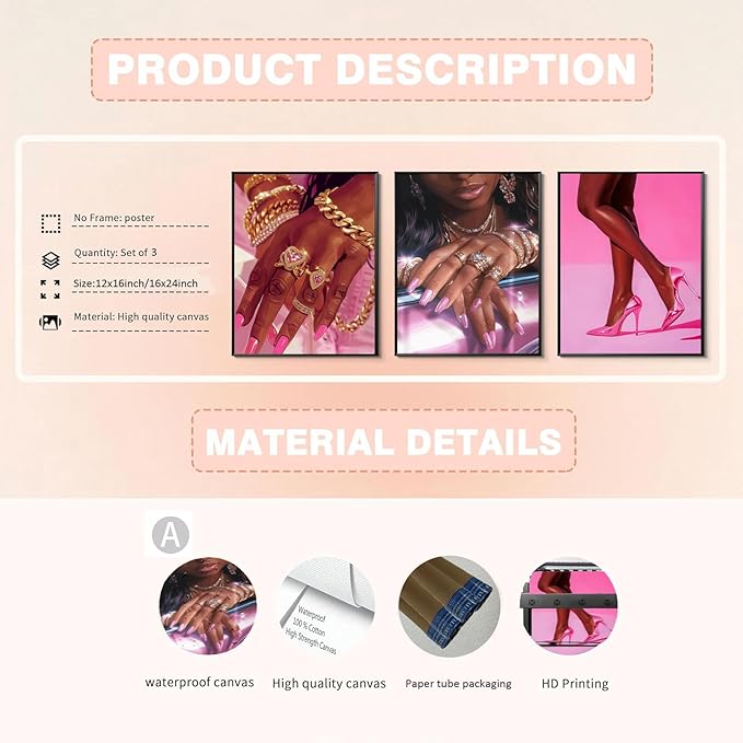 Pink Fashion Black Girl Canvas Wall Art Set of 3 African American Black Woman Posters Wall Decor Fashion Black Woman Pictures Prints for Living Room Bedroom Artwork Home Decoration 16x24Inch Unframed