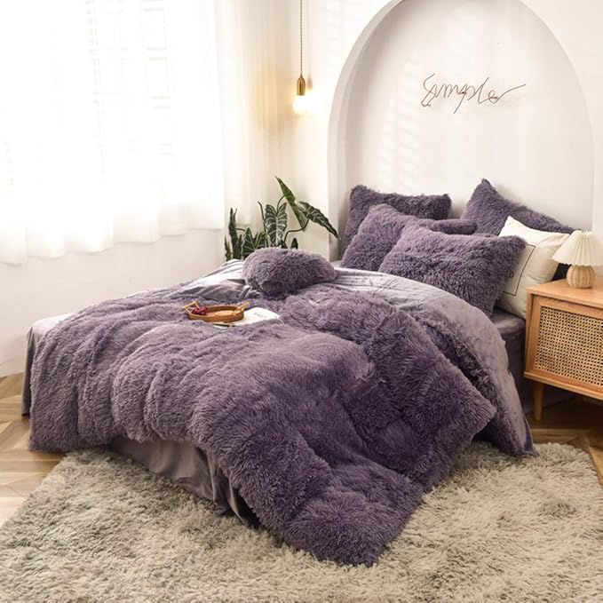 MorroMorn 5 PCS Plush Shaggy Duvet Cover Sets, Luxury Shag Fluffy Comforter Cover Fuzzy Bedding Set - Long Faux Fur Ultra Soft Cozy (Dark Purple, King/California King)