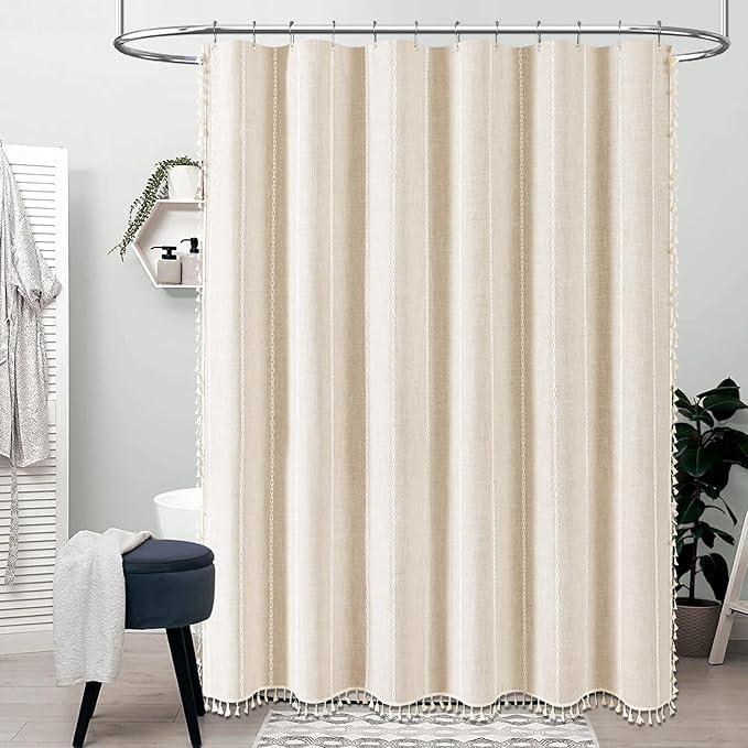 BTTN Extra Long Shower Curtain - 72x90 Striped Boho Linen Fabric Heavy Duty Shower Curtain Set with 12 Plastic Hook, Bohemian Farmhouse Luxury Tassel Cloth Shower Curtain for Bathroom, Cream/Beige