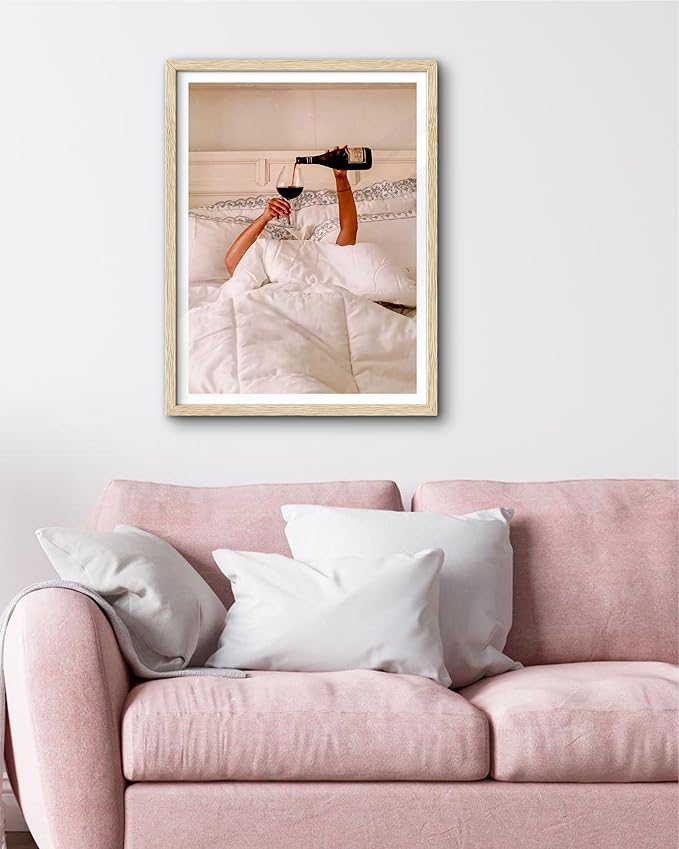 EcoHest Woman Drinking Wine in Bed Framed Wall Art, 16x20 in Large OAK Wood Feminist Alcohol Canvas Art, Trendy Teen Girl Bar Cart College Room Decor, Beige Logs Set of 1 For Bedroom Living Room
