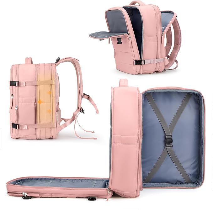 coowoz Large Travel Backpack For Women Men, Carry On Backpack,Hiking Backpack Waterproof Outdoor Sports Rucksack Casual Daypack Expandable Heavy Duty Extra large Backpack Pink Expansion