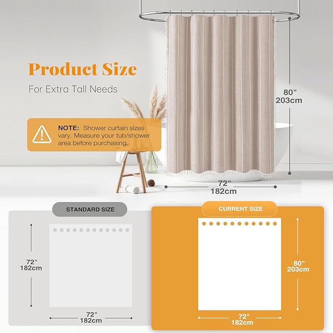 BTTN 80 Inch Long Shower Curtain - 72x80 Boho Chic Farmhouse Linen Thick Striped Fabric Shower Curtain Set with Plastic Hooks, Tall Rustic Country Luxury Cloth Shower Curtains for Bathroom - Tan/Taupe