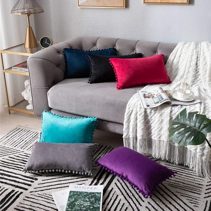 DEZENE Throw Pillow Cases 12x20 Turquoise: 2 Pack Cozy Soft Pom-poms Velvet Rectangular Decorative Pillow Covers for Farmhouse Home Decor