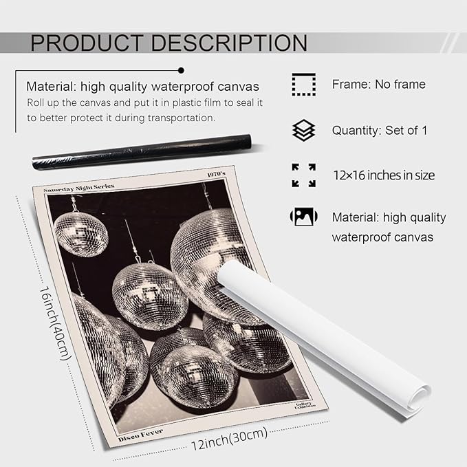 Sufeasdf 70s Disco Ball Newspaper Wall Art Vintage Black and White Art Posters Funky Aesthetic Canvas Prints Retro Bar Cart Decor for Bar Bedroom 12x16 inch Unframed