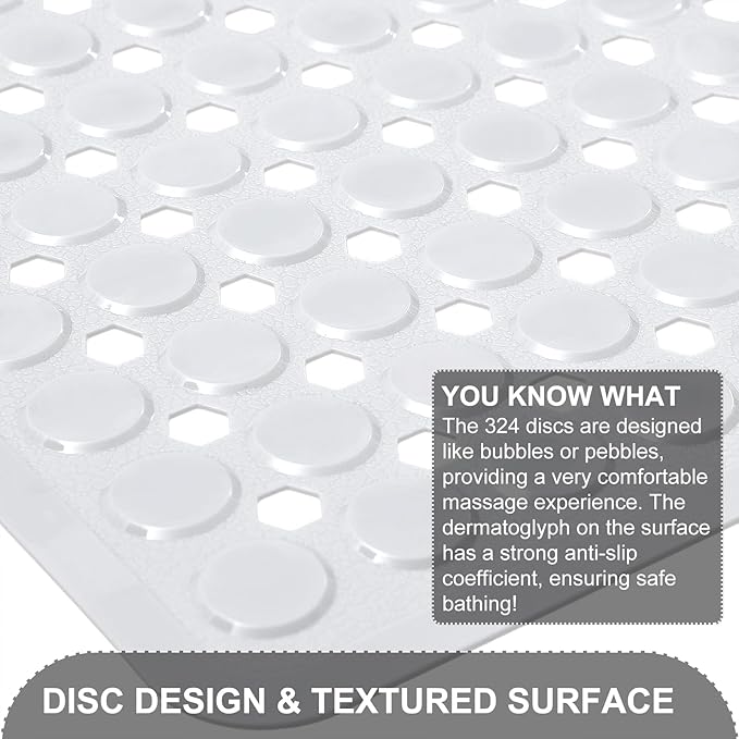 Bath Mat for Tub & Shower, Non Slip Soft Bathmat with Suction Cups & Drain Holes, Machine Washable Bathtub Floor Liner Mats for Bathroom, 35x16 Inch, White