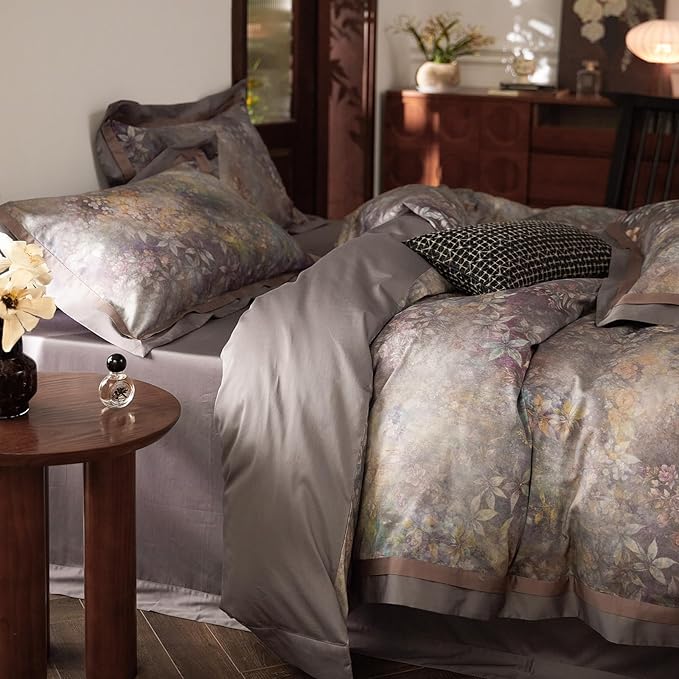 mixinni Vintage Floral Duvet Cover Set - Queen Size, 100% Long Staple Cotton Percale, Reversible Purple Floral Bedding Set with Zipper Closure, 3-Piece Luxury Duvet Cover with 2 Pillow Shams (20"x26")