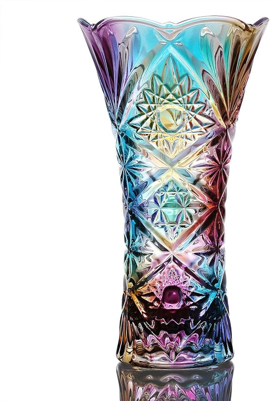 Crystal Glass Colorful Vase,Glass Flower Vase Decor for Home Dining Table Living Room,Office Wedding Holiday Party,Handmade Pattern(Sun Flower)