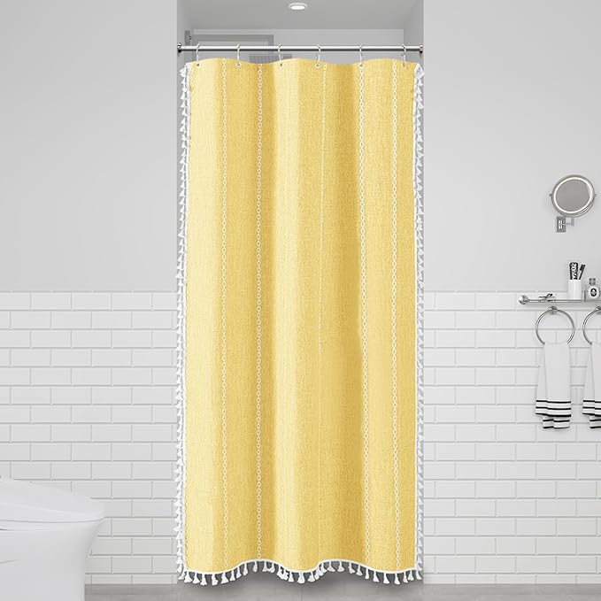 BTTN Boho Shower Stall Curtain - 36x72 Narrow Linen Ultra Thick Striped Tassel Fabric Shower Curtain Set with 6 Hook, Half Modern Farmhouse Cottage Weighted Cloth Shower Curtains for Bathroom - Yellow