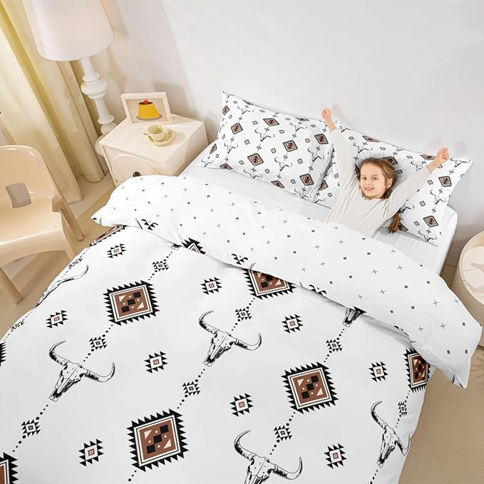 Castle Fairy Western Duvet Cover Set Full Size,Bull Skull Bedding Set 2 Pcs for Cowboys Girls Youth Adults,Southwest Decor Comforter Cover,Geometric Tribal Aztec Quilt Cover,Not Comforter