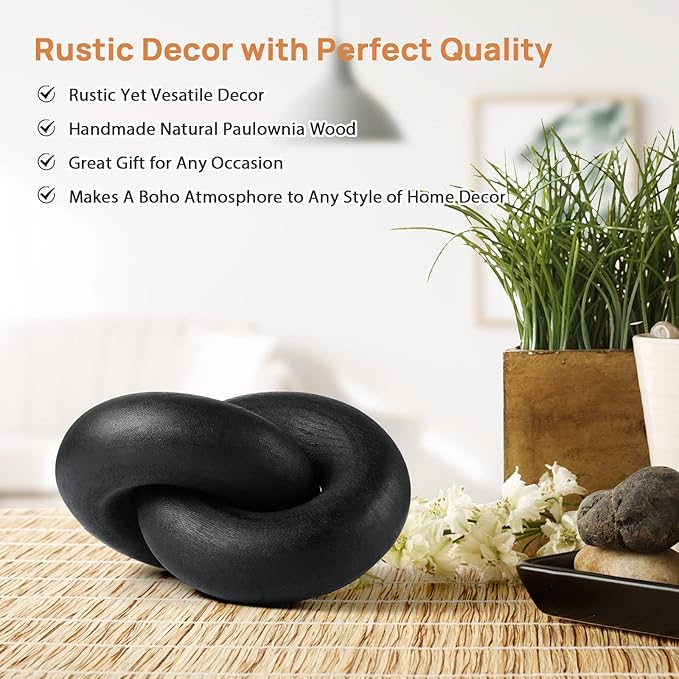 Wood Chain Decor, 2-Link Decorative Chain Hand Carved Boho Wood Knot Decor for Bookshelf Desk Living Room Coffee Table Farmhouse Ornament (Black)