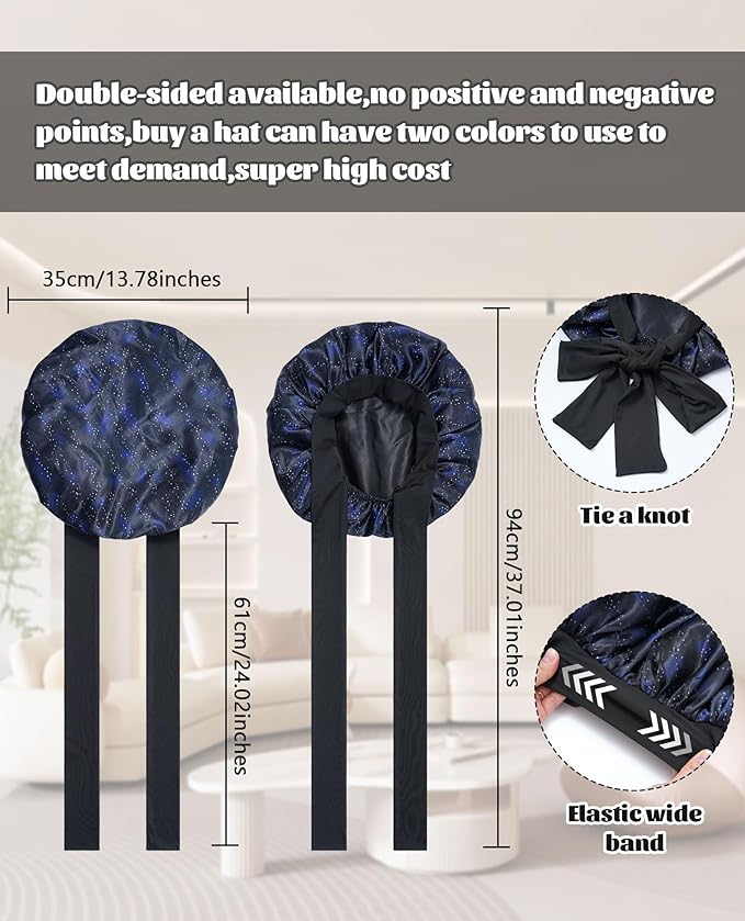Satin Bonnet Silk Bonnet for Sleeping Silk Sleep Cap Double Layer Hair Bonnet with Elastic Tie Band for Curly Hair Night Cap(Nebula+Black)