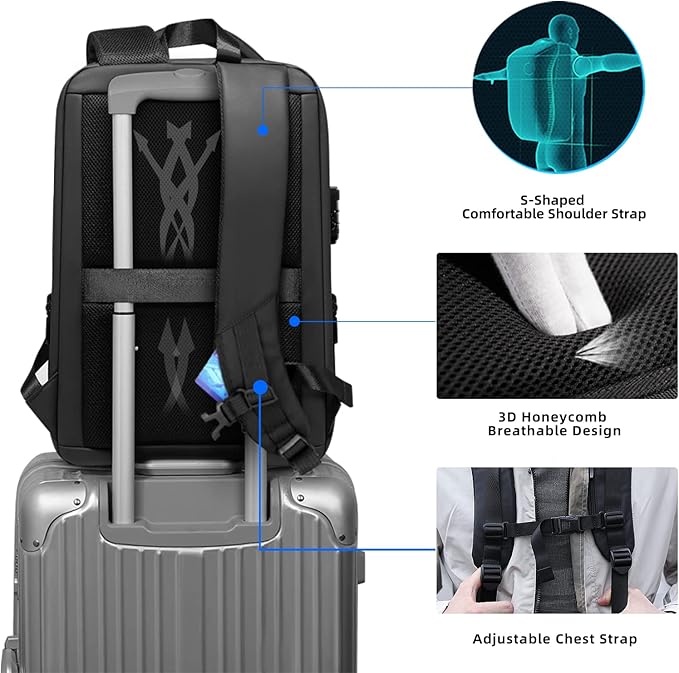 FENRUIEN Anti Theft Laptop Backpack for Men, Expandable Water Resistant Hardshell Backpack with USB Port, Black Business Travel Computer Bag 15.6 Inch