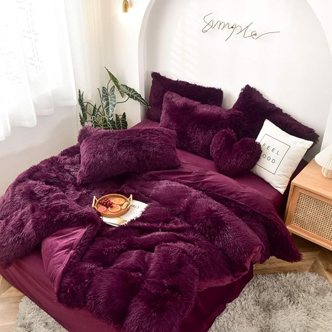 MorroMorn 5 PCS Shaggy Duvet Cover Bedding Set - Fluffy Comforter Cover Long Faux Fur Luxury Ultra Soft Cozy (Maroon, King/California King)