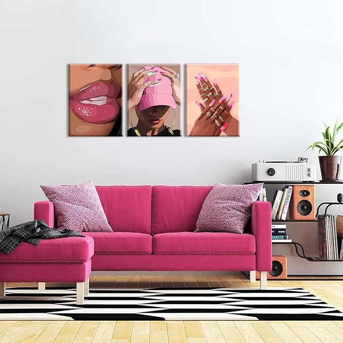 Black Girl Wall Art Set of 3 - Pink African American Woman Canvas Wall Decor Pictures, Fashion Black Woman Paintings Prints for Living Room Bedroom Bathroom Dorm 12x16 inch Framed