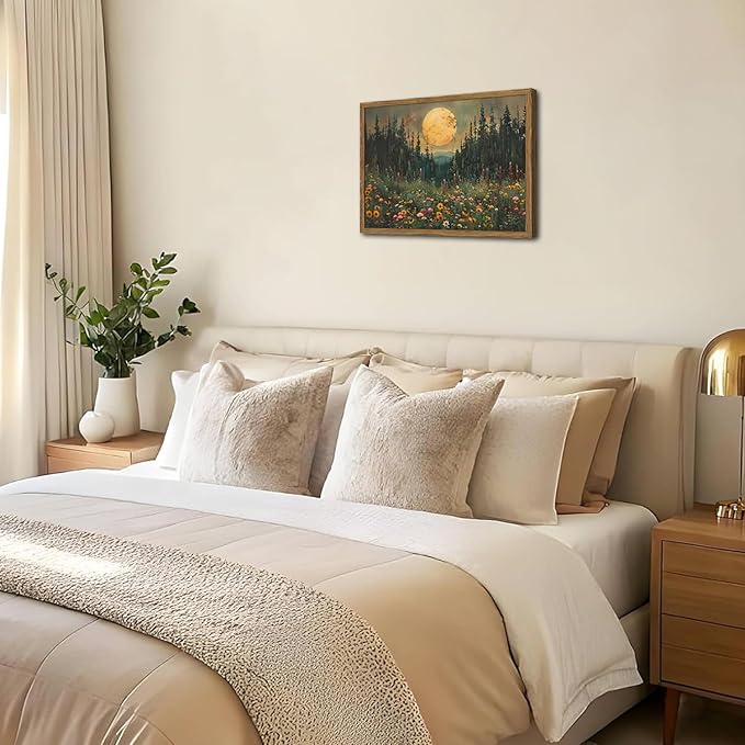 Vintage Forest Moon Wall Art, Nature Pine Tree Woodland Wall Decor Paintings, Dark Cottagecore Landscape 3D Textured Hand Drawn Sandstone Artwork for Bedroom Living Room 16x24 inch Wood Framed