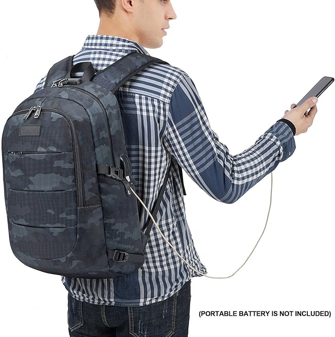 Tzowla Business Laptop Backpack Water Resistant Anti-Theft Backpack with USB Charging Port and Lock 17.3 Inch Computer Backpacks for Women Men, Casual Hiking Travel Daypack (Navy Blue Camo)