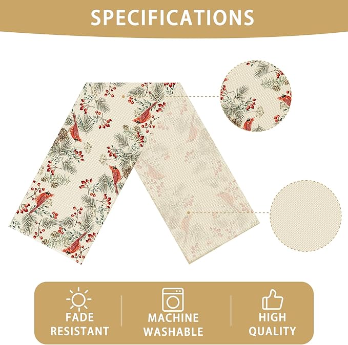 Christmas Bird Burlap Table Runner Seasonal Spring Fall Kitchen Dining Linen Table Decoration for Indoor Outdoor Home Party Dinner 13x72 Inch