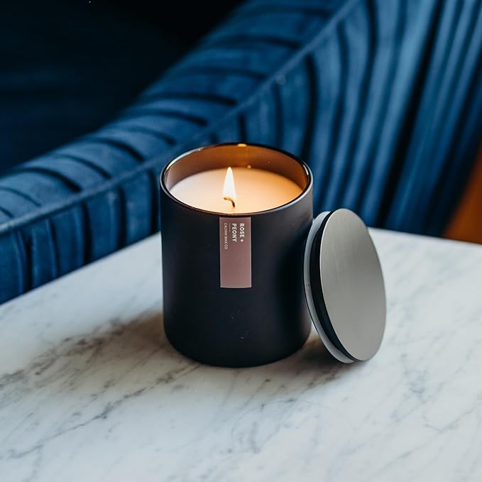 Calyan Wax Co. Soy Wax Candle, Rose + Peony Scented Candle, 75 Hour Burn Time, Aromatherapy Soy Candles, Non Toxic & Vegan Soy Wax, Black Tumbler Scented Candles, 13oz
