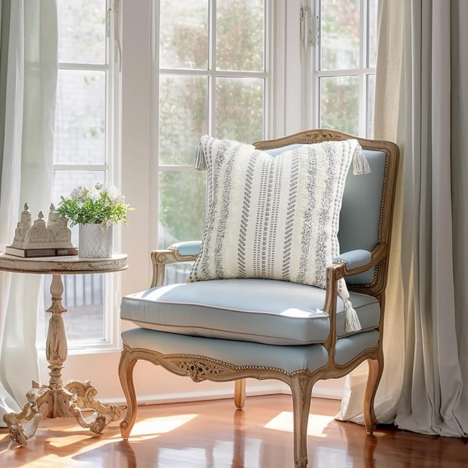 decorUhome Decorative Boho Throw Pillow Cover 18x18, Accent Neutral Textured Tufted Pillow Cover Striped for Couch Bed Sofa, Grey and Cream White, Pack of 1