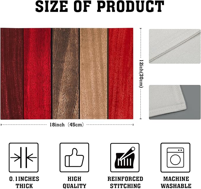 Giwawa Rustic Wood Placemats Set of 4- Retro Red Brown Wooden Board Linen Place Mat 12x18 Inch- Farmhouse Country Style Washable Heat Resistant Table Mats for Kitchen Dining Cabin Decor