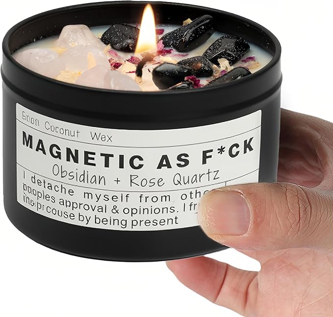 MAGNETIC AS F*CK Detachment Grounding Quartz Obsidian Protection Magic Attraction Manifestation Crystal Self Love Ritual Meditation Hande Made Chakra Candle(8oz).