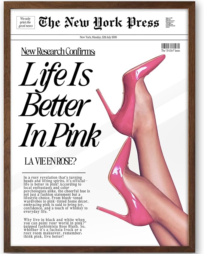 iHery Natural OAK Wood Retro Baby Pink News Walnut Color Framed Wall Art, 12x16 in Life Is Better In Pink Canvas Wall Decor, Modern Trendy Newspaper Art For Bedroom Bathroom Living Room 1Pack