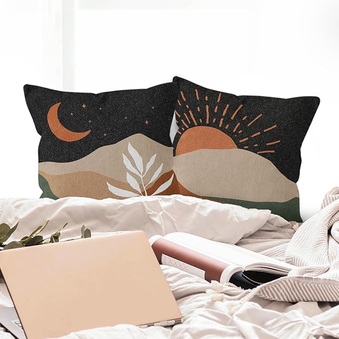 HIWX Boho Pillow Covers, Boho Sun Moon Mountains Decorative Pillowcase Throw Pillow Cover 18x18,Boho Throw Pillows,Boho Sun Desert for Sofa Bed Room Home Bedroom Decor Set of 2 Pillow Case