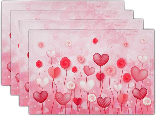 Giwawa Valentines Day Placemats Set of 4 12x18 Inch Red Love Hearts Flower Floral Decorative Place Mat Linen Heat Resistant Washable Table Mats for Kitchen Dining Holiday Wedding Anniversary